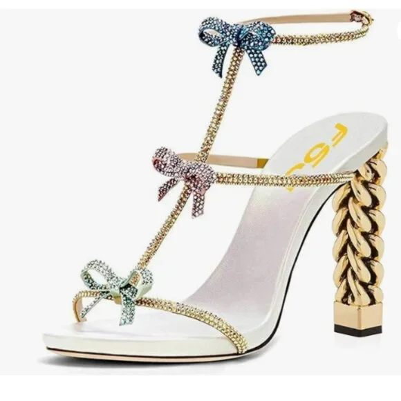 FSJ Crystal Bows Gold Metal Chain Thick High Heel Open Toe Crystal Bows Sandals - Picture 1 of 8